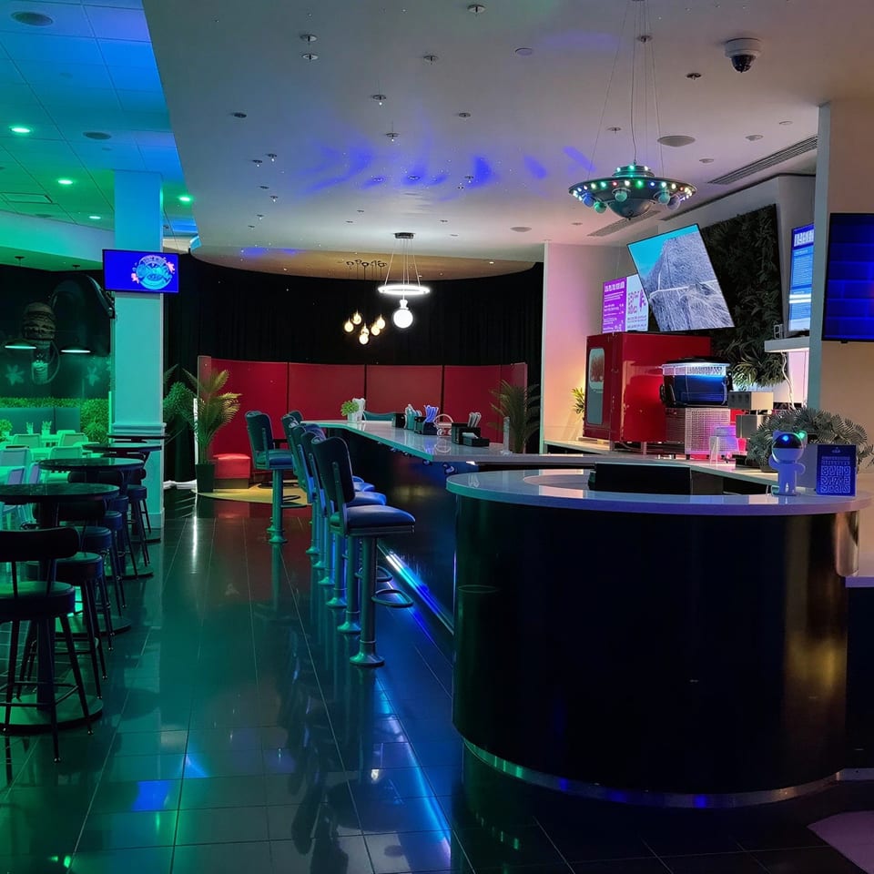 A modern restaurant interior with green and blue lighting, featuring a long bar and dining tables.