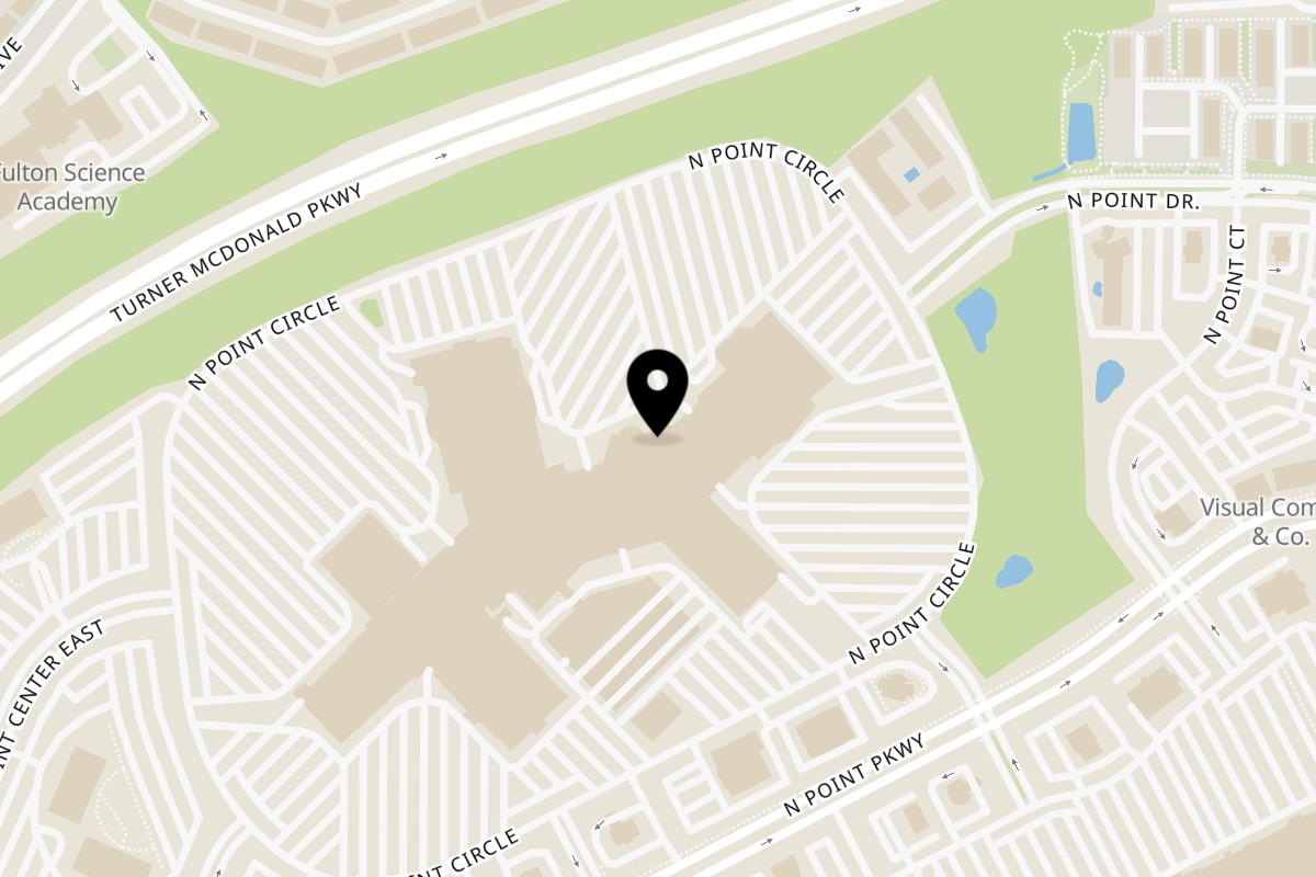 Map showing the location of BRASAS BBQ AND BAR by Cosmic Restaurant on 1202 North Point Cir b in Alpharetta